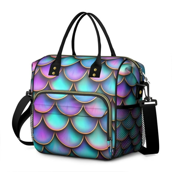 OBREWU Mermaid Scales Pattern Women's Insulated Leakproof Large Lunch Bag, Oxford Cloth