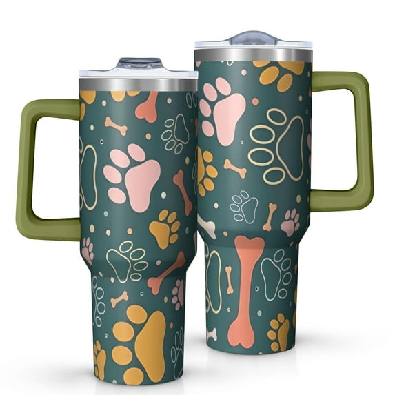OBREWU Paw Prints and Bones Tumbler with Handle and Lid,Paw Prints and Bones 40oz Double Wall Vacuum Insulated Tumbler,Cups Gift for Women and Men