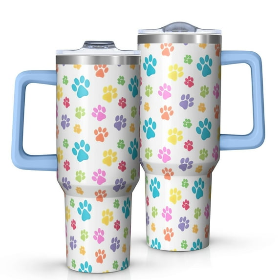 OBREWU Pets Paws Print Colorful Tumbler with Handle and Lid,Pets Paws Print Colorful 40oz Double Wall Vacuum Insulated Tumbler,Cups Gift for Women and Men
