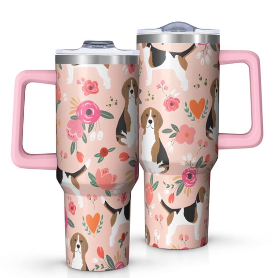 OBREWU Pink Beagle and Flower Tumbler with Handle and Lid,Pink Beagle and Flower 40oz Double Wall Vacuum Insulated Tumbler,Cups Gift for Women and Men