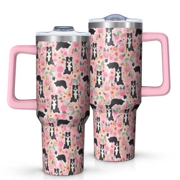 OBREWU Pink Border Collie Dog and Flower Floral Tumbler with Handle and Lid,Pink Border Collie Dog and Flower Floral 40oz Double Wall Vacuum Insulated Tumbler,Cups Gift for Women and Men