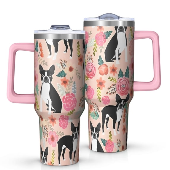 OBREWU Pink Boston Terrier and Flower Tumbler with Handle and Lid,Pink Boston Terrier and Flower 40oz Double Wall Vacuum Insulated Tumbler,Cups Gift for Women and Men