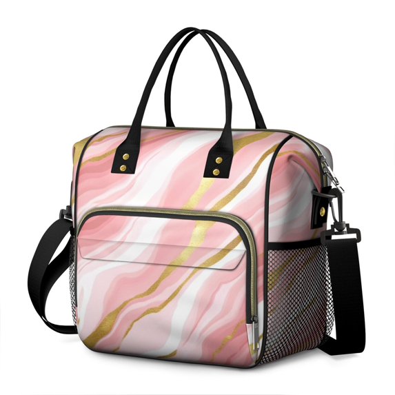 OBREWU Pink and Gold Marble Texture Women's Insulated Leakproof Large Lunch Bag, Oxford Cloth