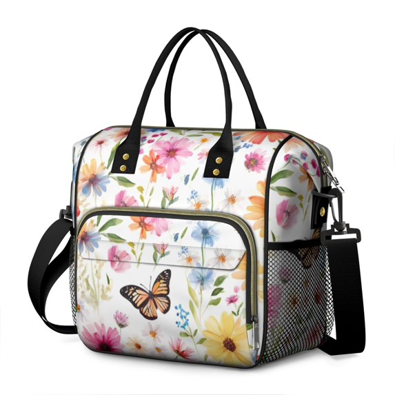 OBREWU Pioneer Flower and Butterfly Women's Insulated Leakproof Large Lunch Bag, Oxford Cloth