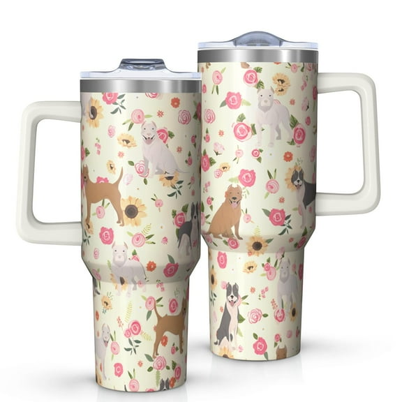 OBREWU Pitbull Dog and Flower Floral Tumbler with Handle and Lid,Pitbull Dog and Flower Floral 40oz Double Wall Vacuum Insulated Tumbler,Cups Gift for Women and Men
