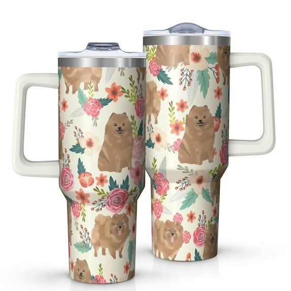 OBREWU Pomeranian Dogs and Flowers Tumbler with Handle and Lid,Pomeranian Dogs and Flowers 40oz Double Wall Vacuum Insulated Tumbler,Cups Gift for Women and Men
