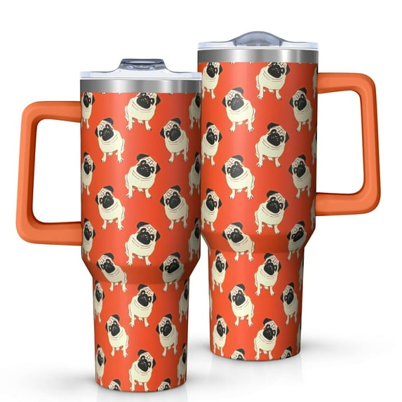 OBREWU Pug Dog Tumbler with Handle and Lid,Pug Dog 40oz Double Wall Vacuum Insulated Tumbler,Cups Gift for Women and Men