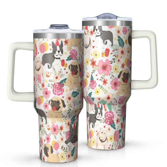 OBREWU Pug Dogs with Flowers Tumbler with Handle and Lid,Pug Dogs with Flowers 40oz Double Wall Vacuum Insulated Tumbler,Cups Gift for Women and Men