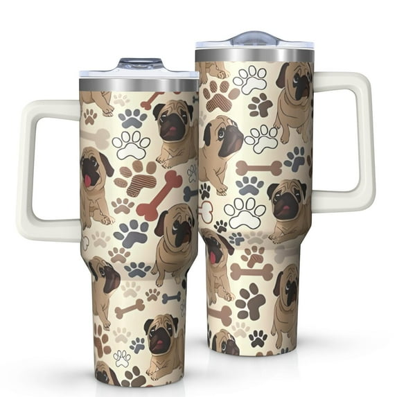 OBREWU Pug and Footprint Tumbler with Handle and Lid,Pug and Footprint 40oz Double Wall Vacuum Insulated Tumbler,Cups Gift for Women and Men