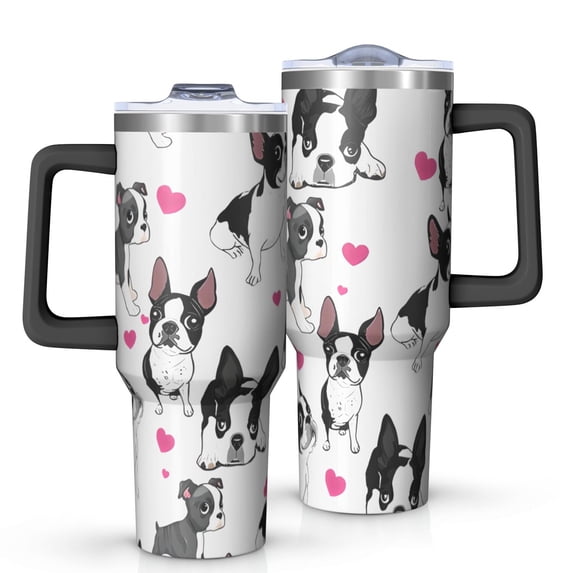 OBREWU Pug and Love Heart Tumbler with Handle and Lid,Pug and Love Heart 40oz Double Wall Vacuum Insulated Tumbler,Cups Gift for Women and Men
