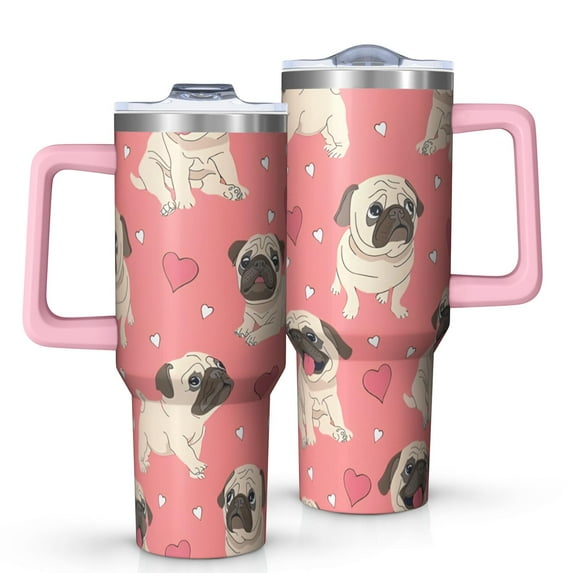 OBREWU Pug and Love Heart Tumbler with Handle and Lid,Pug and Love Heart 40oz Double Wall Vacuum Insulated Tumbler,Cups Gift for Women and Men
