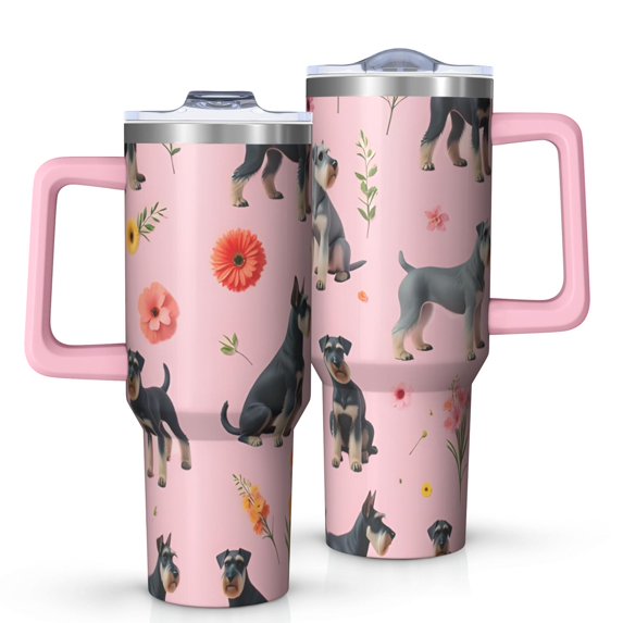 OBREWU Schnauzer Dogs and Flowers Tumbler with Handle and Lid,Schnauzer Dogs and Flowers 40oz Double Wall Vacuum Insulated Tumbler,Cups Gift for Women and Men