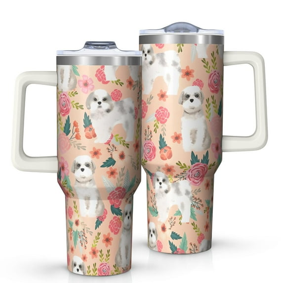 OBREWU Shih Tzu Dog and Floral Tumbler with Handle and Lid,Shih Tzu Dog and Floral 40oz Double Wall Vacuum Insulated Tumbler,Cups Gift for Women and Men