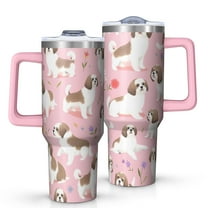 OBREWU Shih Tzu Dogs and Flowers Tumbler with Handle and Lid,Shih Tzu Dogs and Flowers 40oz Double Wall Vacuum Insulated Tumbler,Cups Gift for Women and Men