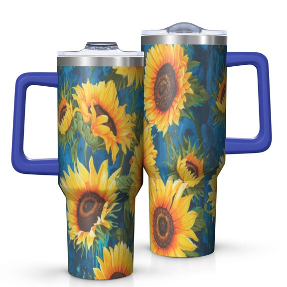 OBREWU Sunflower Tumbler with Handle and Lid,40oz Sunflower Double Wall Vacuum Insulated Tumbler,Sunflower Cups Gift for Women and Men