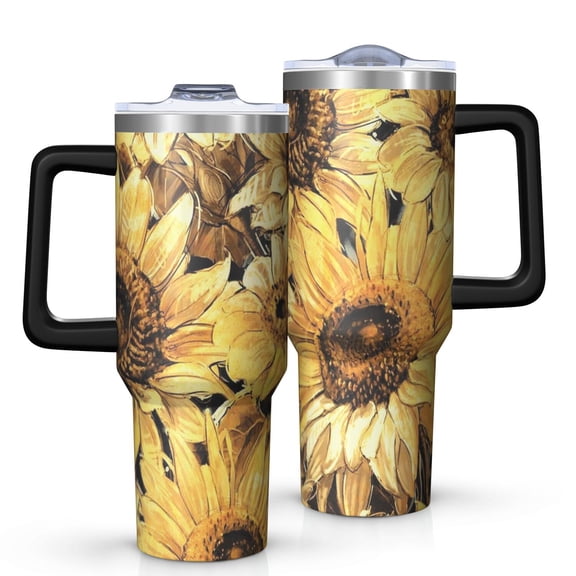 OBREWU Sunflower Tumbler with Handle and Lid,40oz Sunflower Double Wall Vacuum Insulated Tumbler,Sunflower Cups Gift for Women and Men