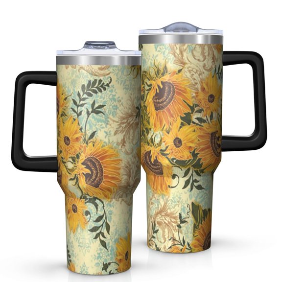 OBREWU Sunflower Tumbler with Handle and Lid,40oz Sunflower Double Wall Vacuum Insulated Tumbler,Sunflower Cups Gift for Women and Men
