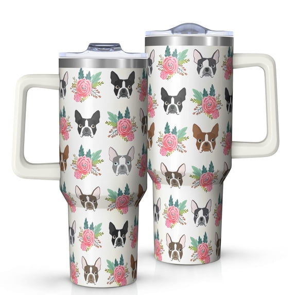 OBREWU White Boston Terrier and Flower Tumbler with Handle and Lid,White Boston Terrier and Flower 40oz Double Wall Vacuum Insulated Tumbler,Cups Gift for Women and Men