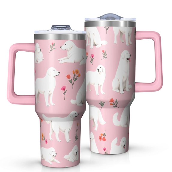 OBREWU White Dogs and Flowers Tumbler with Handle and Lid,White Dogs and Flowers 40oz Double Wall Vacuum Insulated Tumbler,Cups Gift for Women and Men