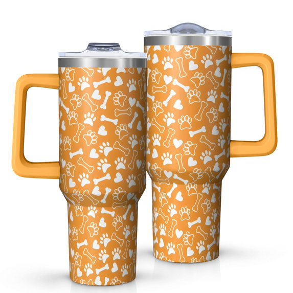 OBREWU Yellow Puppy Dog Food Footprints Tumbler with Handle and Lid,Yellow Puppy Dog Food Footprints 40oz Double Wall Vacuum Insulated Tumbler,Cups Gift for Women and Men