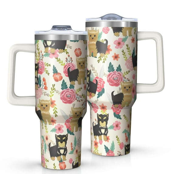 OBREWU Yorkie Dog and Flower Tumbler with Handle and Lid,Yorkie Dog and Flower 40oz Double Wall Vacuum Insulated Tumbler,Cups Gift for Women and Men