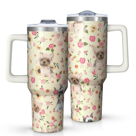 OBREWU Yorkie with Flowers Tumbler with Handle and Lid,Yorkie with Flowers 40oz Double Wall Vacuum Insulated Tumbler,Cups Gift for Women and Men