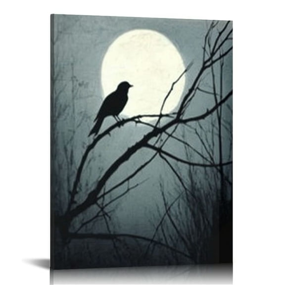 OBREWY Canvas Wall Art Painting Raven Crow on Branch in Moonlight Bird Tree Moon Home Decorative Artwork Prints 16x20 in