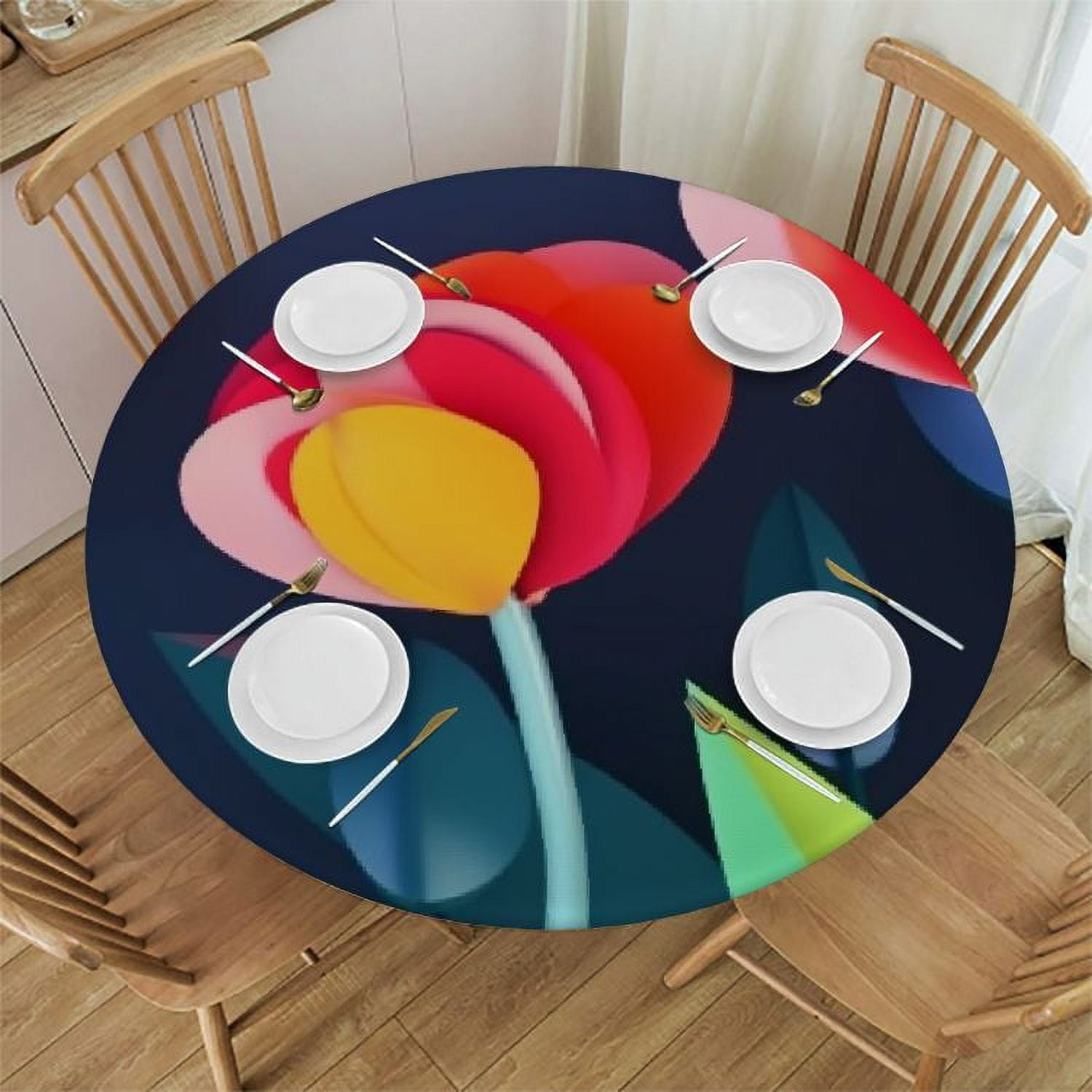 OBREWY Colorful Tulips Pattern Print Round Tablecloth 60 Inch,WashableTable Cloth Decorative