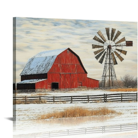 OBREWY Farmhouse Canvas Wall Art, Red Barn Windmill Decor, Rustic Farmhouse Pictures, Coutry Wall Art, Old Barn Picture, Vintage Farm Painting for Kitchen Bathroom Wall Decorations 20x16in