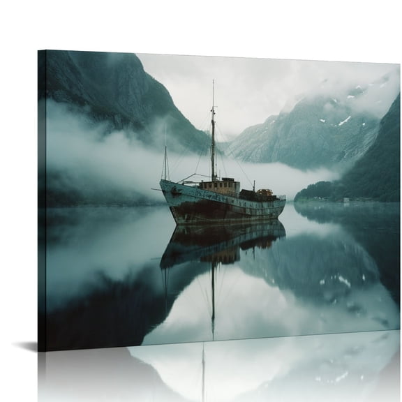 OBREWY Lake Nature Landscape Wall Art: Large Mountain Scenery Canvas Artwork Window View Boat Print Painting Decor Calming Horizontal Yosemite Picture for Living 16x12in