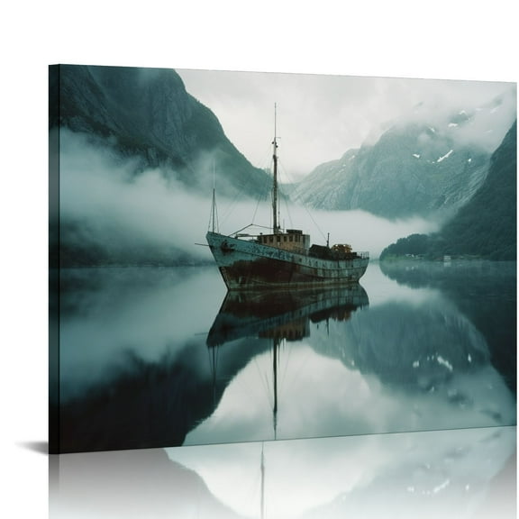 OBREWY Lake Nature Landscape Wall Art: Large Mountain Scenery Canvas Artwork Window View Boat Print Painting Decor Calming Horizontal Yosemite Picture for Living 20x16in