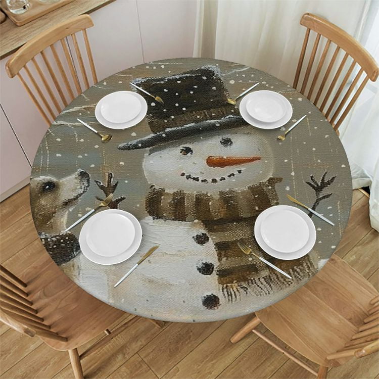 OBREWY Outdoor Fitted Round Tablecloth Christmas Animal Snowman Dog