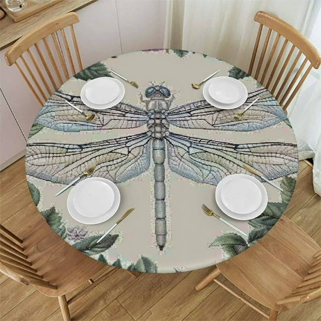OBREWY Rose Flower Round Tablecloth Dragonfly Romantic Wreath Vintage
