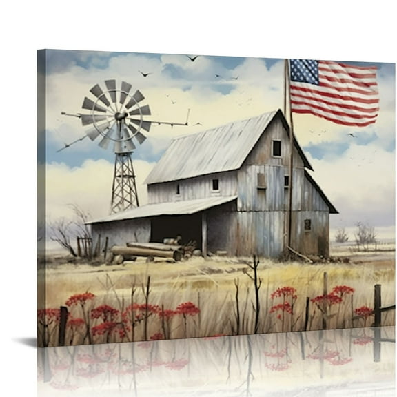 OBREWY Rustic Canvas Wall Art Farmhouse Windmill Flag Pictures Wall Decor Print Painting for Farm Room Living Room Home Decoration 20x16in