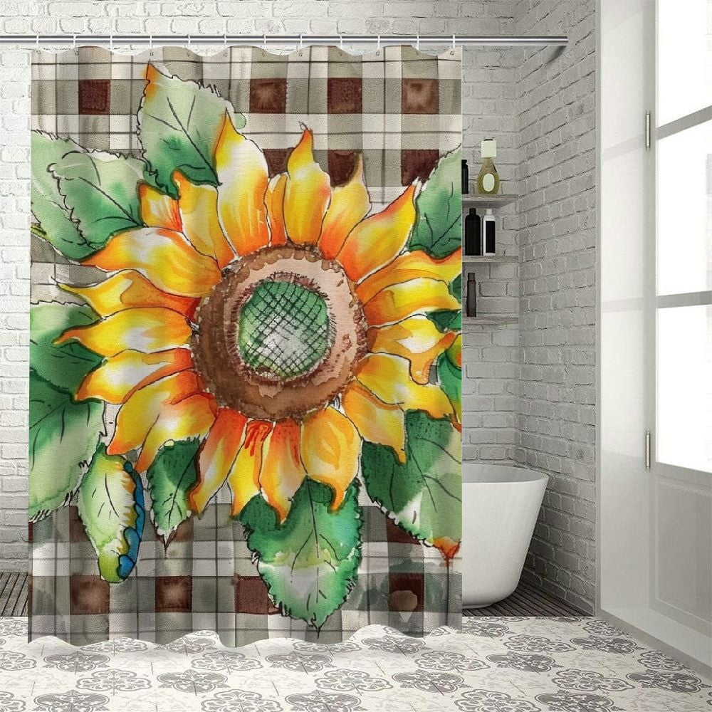 OBREWY Sunflower Gray Buffalo Plaid Summer Flower Waterproof Shower Curtain Multiple Sizes Chic
