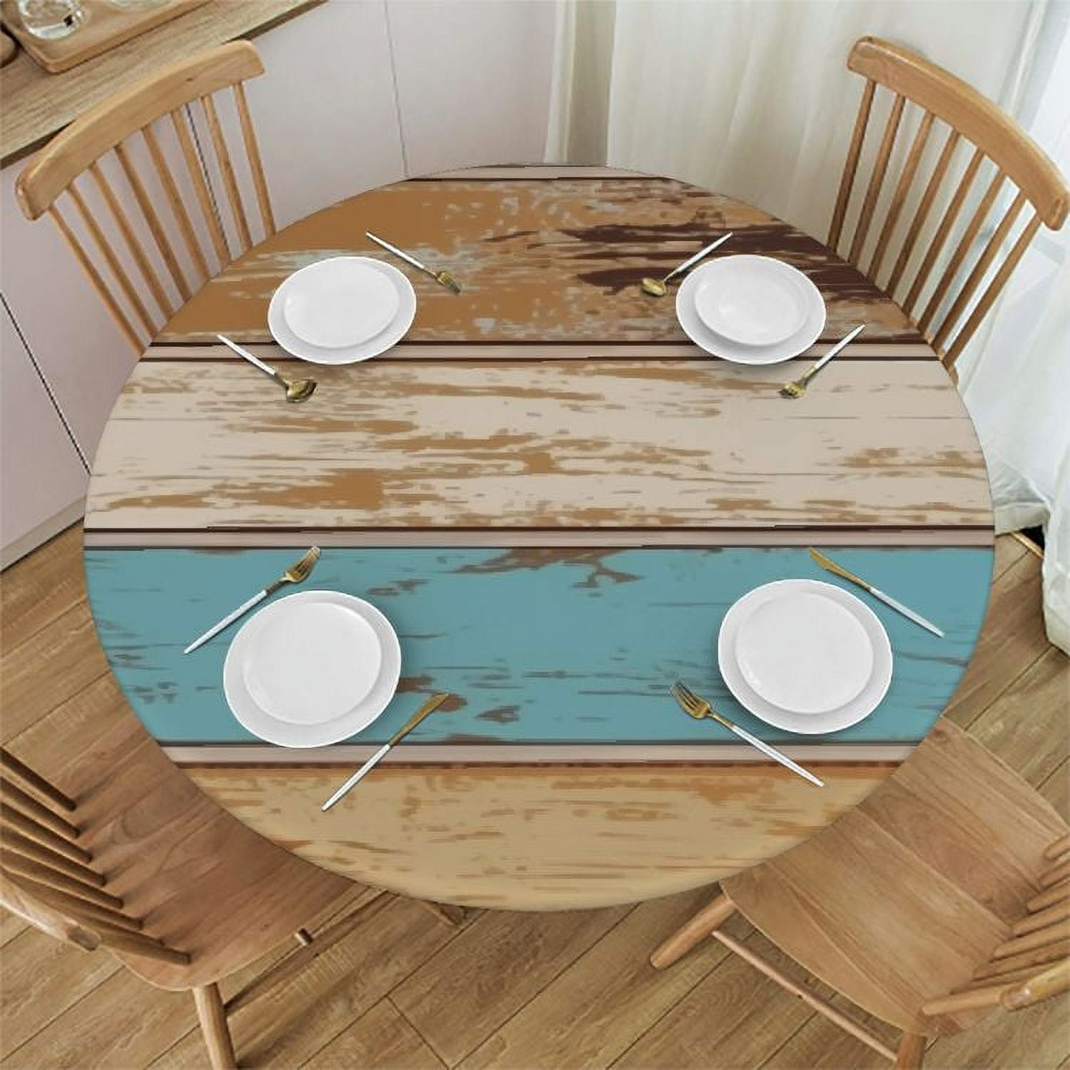 OBREWY Teal Wood Texture Tablecloth Round Farmhouse Turquoise Table
