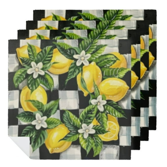 OBREWY Watercolor Stripes , Buffalo Plaid Lemon Wreath Cloth Napkin Reusable Gift 2 PCS