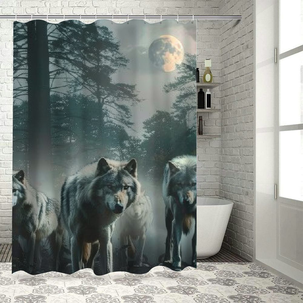 OBREWY Wolfs Forest Full Moon Shower Curtain Set 100 Polyester Fiber