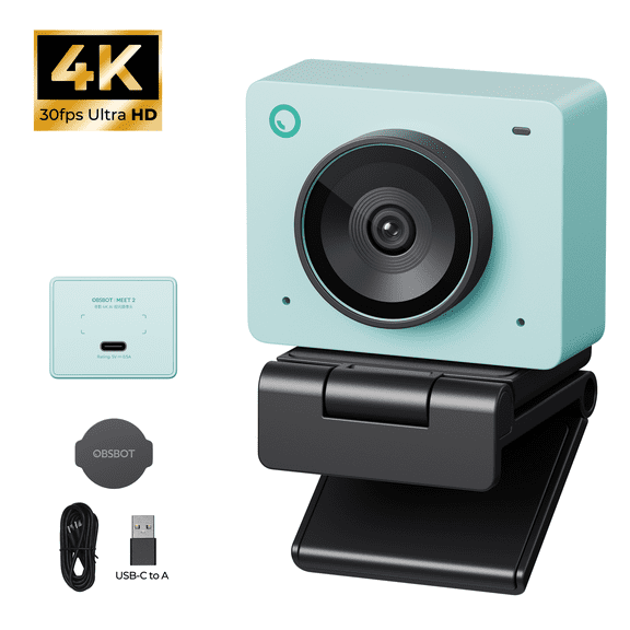OBSBOT Meet 2 4K Webcam for PC with 1/2" Sensor, AI Framing, Autofocus, HDR, Dual Mic, 60fps for Streaming Meeting Gaming (Aurora Green)