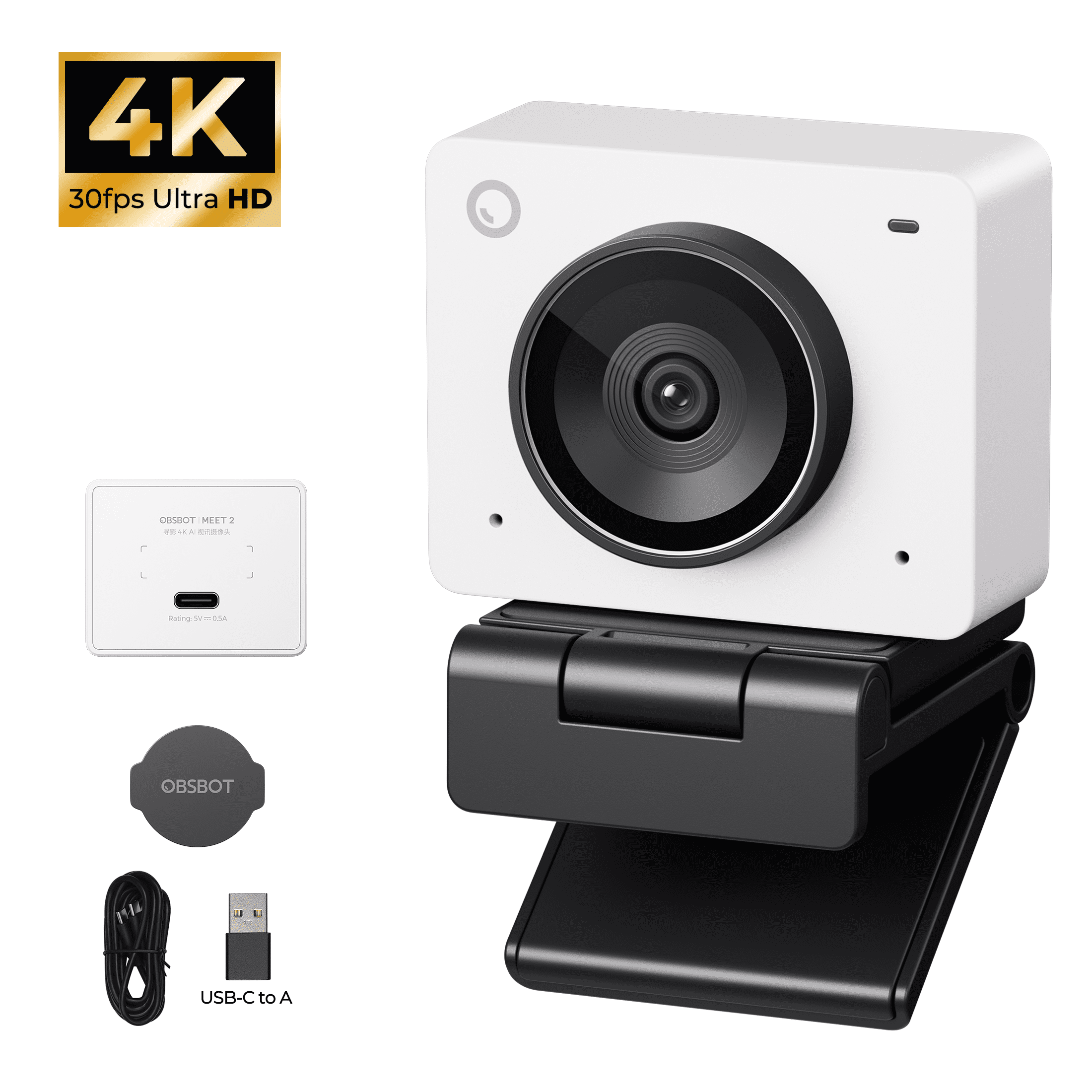 OBSBOT Meet 2 4K Webcam for PC with 1/2" Sensor, AI Framing, Autofocus, HDR, Dual Mic, 60fps for Streaming Meeting Gaming (Cloud White)