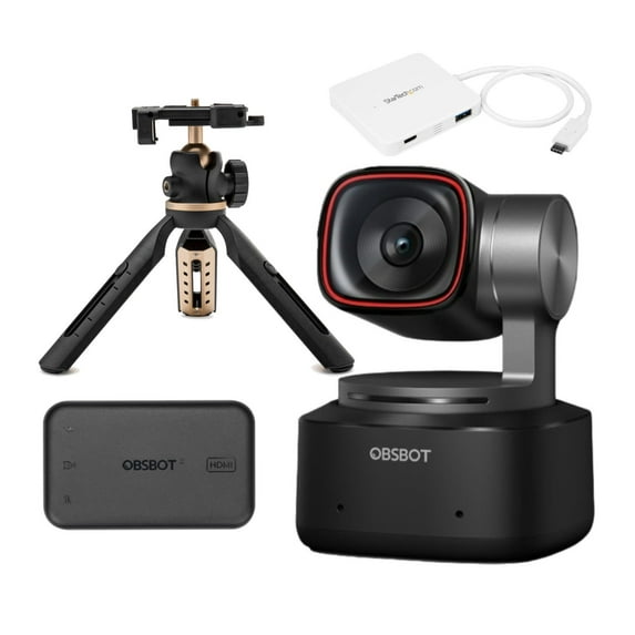 OBSBOT Tiny 2 AI-Powered PTZ 4K Webcam Bundle with UVC to HDMI Adapter, Mini Extendable Tripod with Built-in Phone Mount, and 3-Port USB-C Hub with Power Delivery (White) (4 Items)