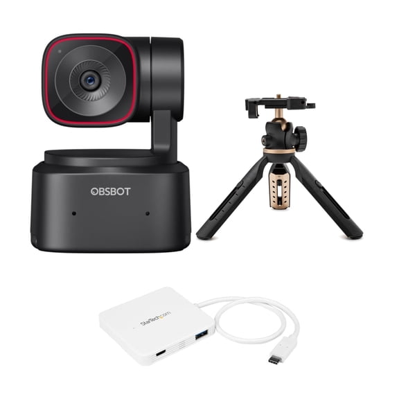 OBSBOT Tiny 2 Lite AI-Powered 4K PTZ Webcam with Advanced CMOS Sensor and Preset Modes Bundle with Koah Joey Mini Extendable Tripod and 3-Port USB-C Portable Expansion Hub