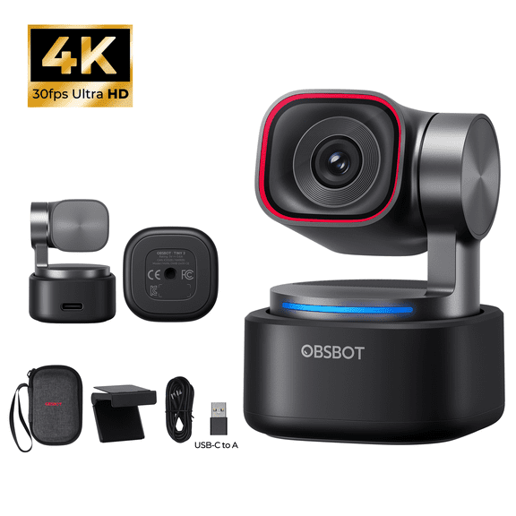 OBSBOT Tiny 3 4K PTZ Webcam, 1/1.28" Sensor, Spatial Audio, AI Tracking, HDR, for Streaming Meeting