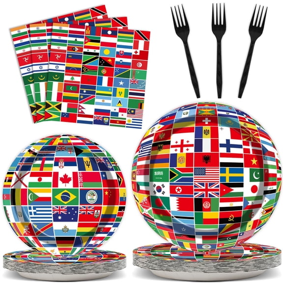 OBUSATT 96 Pcs International World Flags Party Supplies Country Flag Paper Plates Travel Trip Around the Globe and Napkins Forks party decorations for Birthday Baby Shower Serves 24 MG0165 Y101