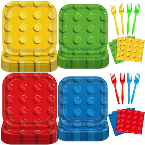 OBUSATT 96PCS Building Block Party Supplies Building Bricks Party Plates and Napkins Colorful Blocks Bricks Square Paper Dinner Desert Plates for Birthday Party Favor Supplies Serve 24 Guests Y101