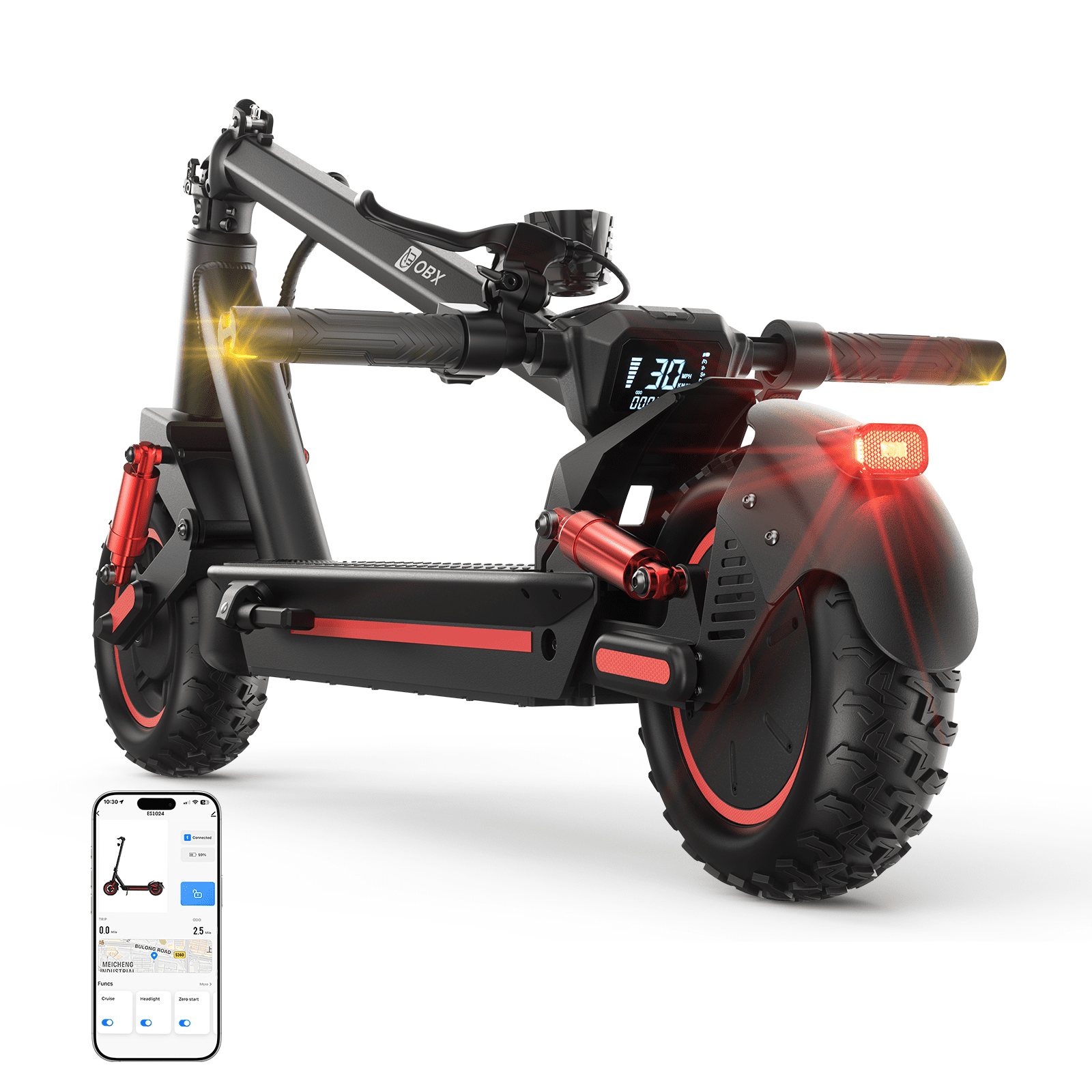 OBX Off Road Electric Scooter for Adults,1200W 30MPH High Speed,30-35 Miles,10" Pneumatic Tires,Heavy Duty Foldable E-Scooter with Dual Suspension