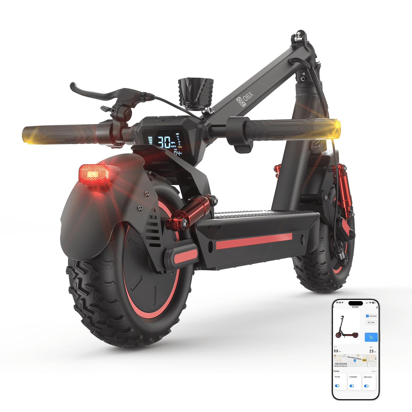 OBX 1200W Electric Scooter for Adults, 30 MPH Max Speed, 35 Miles Long Range, 10" Off-Road Tires, 48V 15Ah Foldable Commuter E-Scooter, UL2272