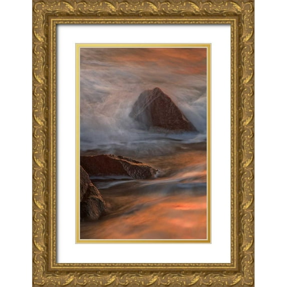 OBrien, Jay 11x14 Gold Ornate Wood Framed with Double Matting Museum Art Print Titled - NJ, Cape May Wave crashes on shoreline rocks