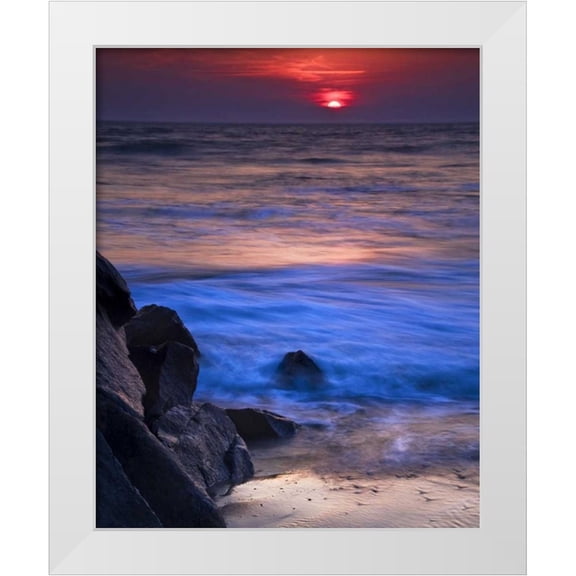 OBrien, Jay 12x14 White Modern Wood Framed Museum Art Print Titled - New Jersey, Cape May Sunset reflection on ocean
