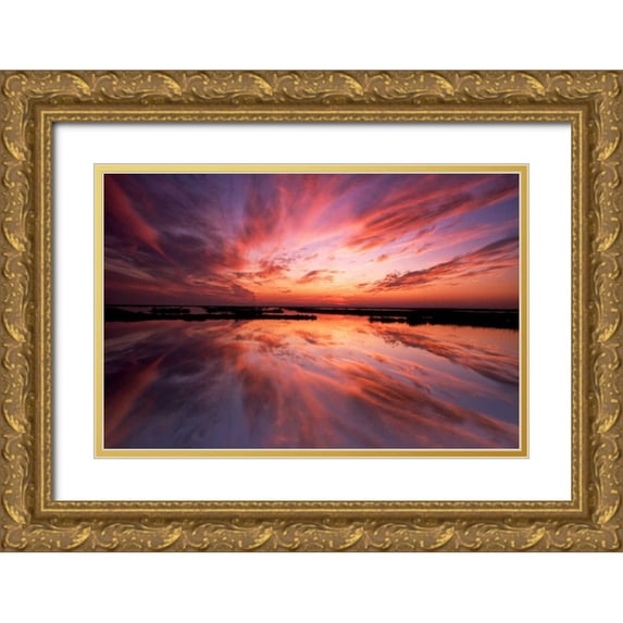 OBrien, Jay 14x11 Gold Ornate Wood Framed with Double Matting Museum Art Print Titled - New Jersey, Cape May Sunset reflection on water